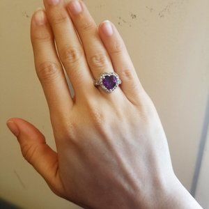 Heart Engagement ring - size 5 - amethyst and CZ